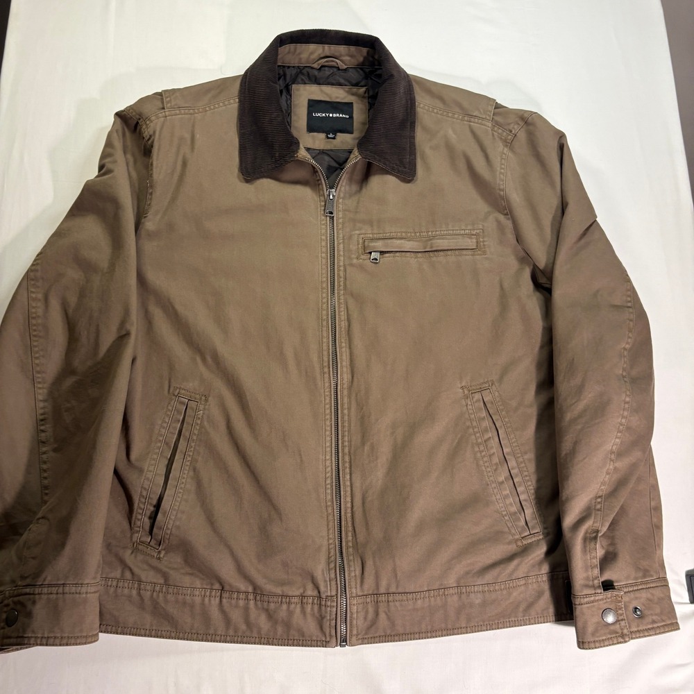 Lucky Brand Mens Brown Canvas Workwear Jacket Corduroy Collar Quilted Lined L